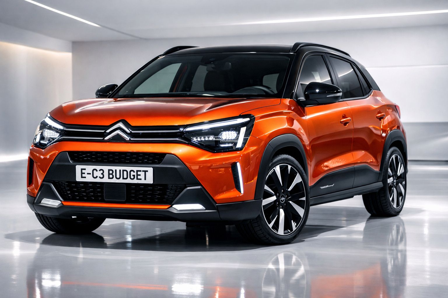 Carro Citroën E-C3 Budget laranja com tejadilho preto em espaço interior luminoso.