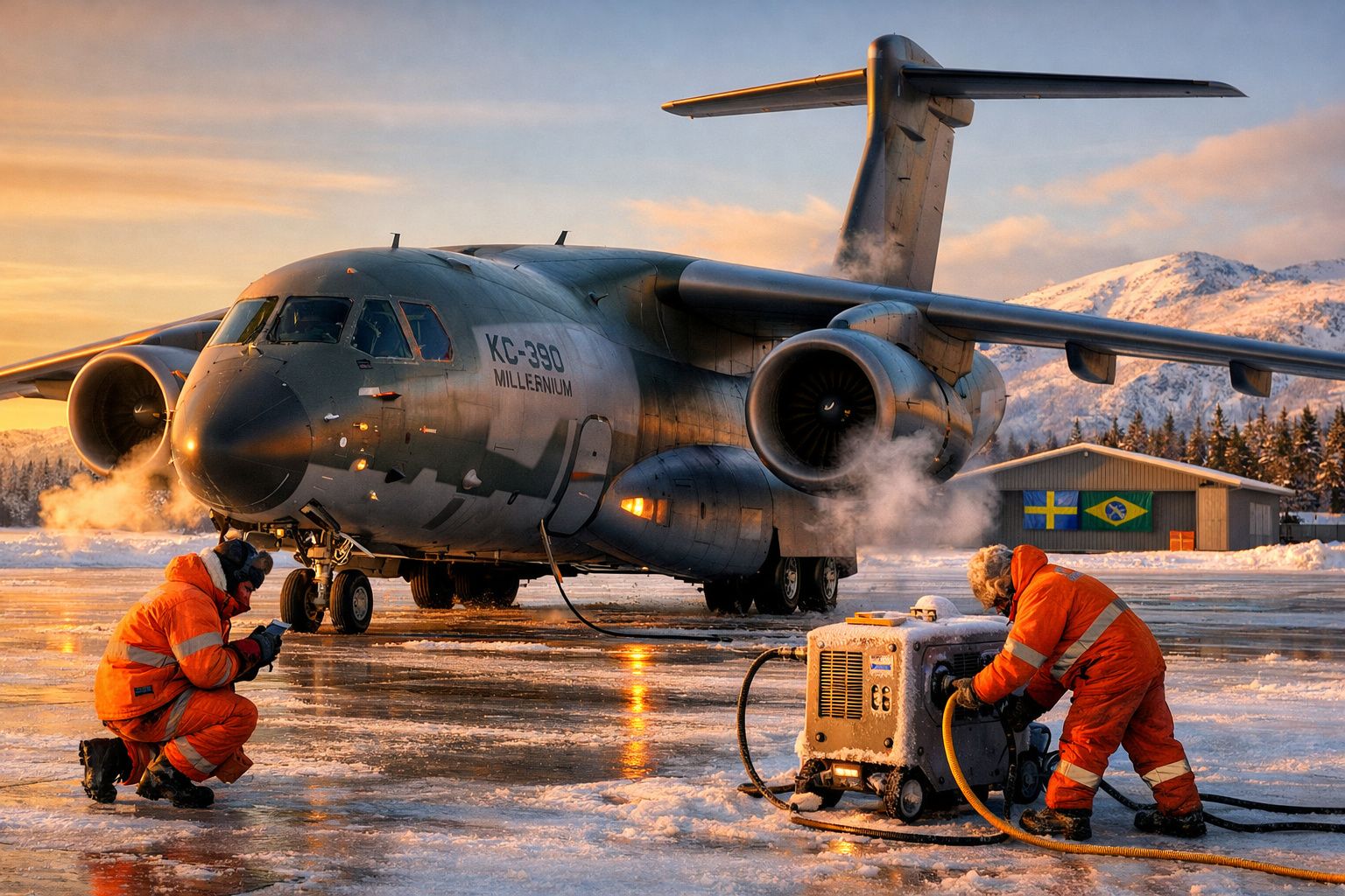 Avião militar KC-390 com duas pessoas em roupa laranja a operar equipamento no gelo ao pôr do sol.