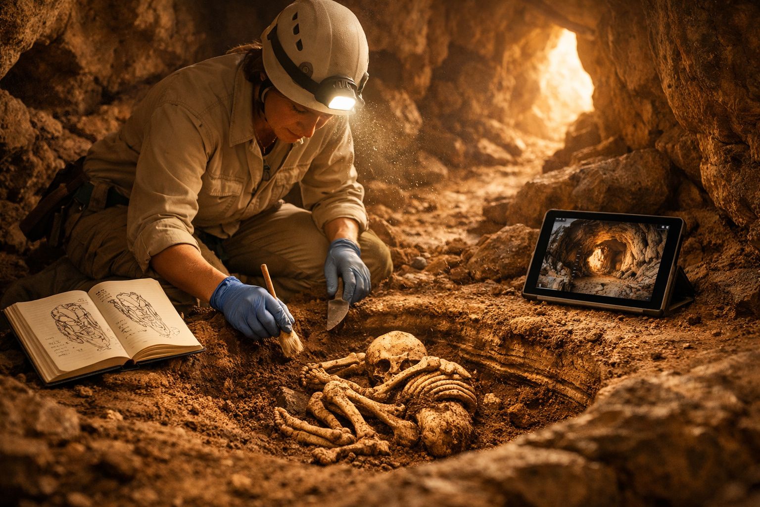 Arqueóloga escavando um esqueleto humano numa caverna, usando capacete com luz e luvas azuis.