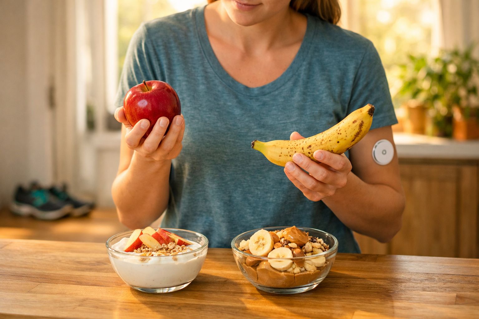 Pessoa com monitor de glicose no braço segura uma maçã e uma banana, com tigelas de fruta e iogurte na mesa.