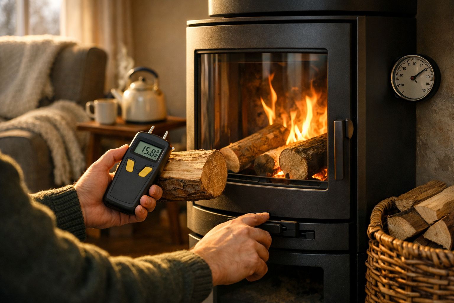 Pessoa a colocar lenha na salamandra acesa, segurando um medidor digital de humidade da madeira.