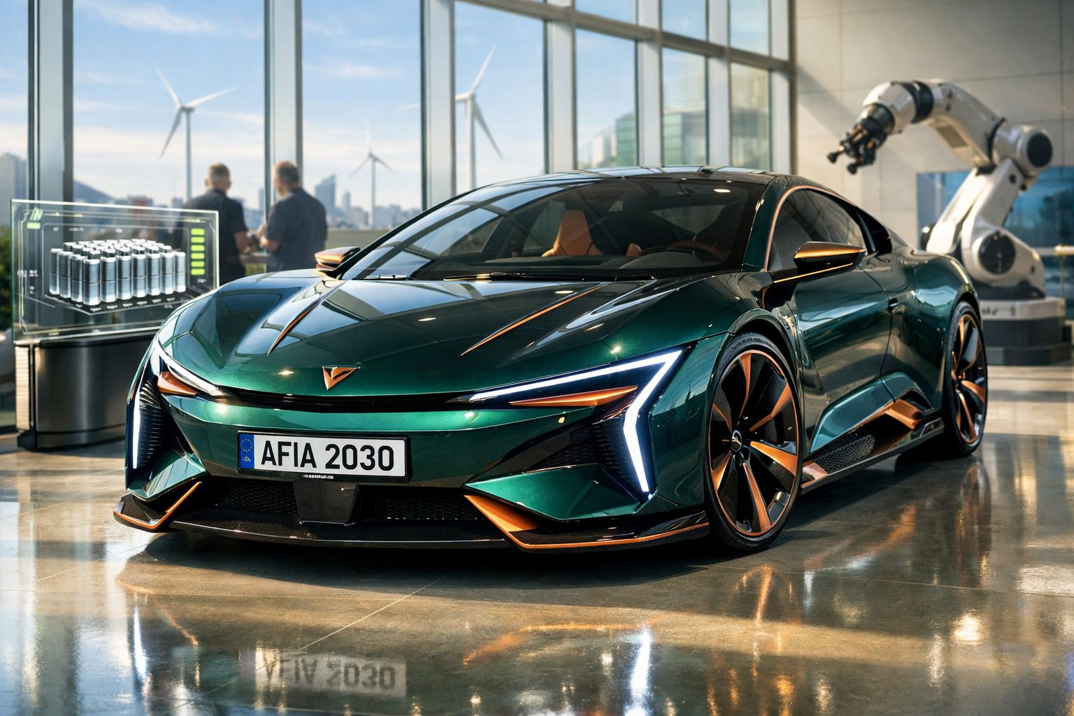 Carro desportivo elétrico verde metálico com detalhes laranja numa fábrica moderna com turbinas eólicas ao fundo.