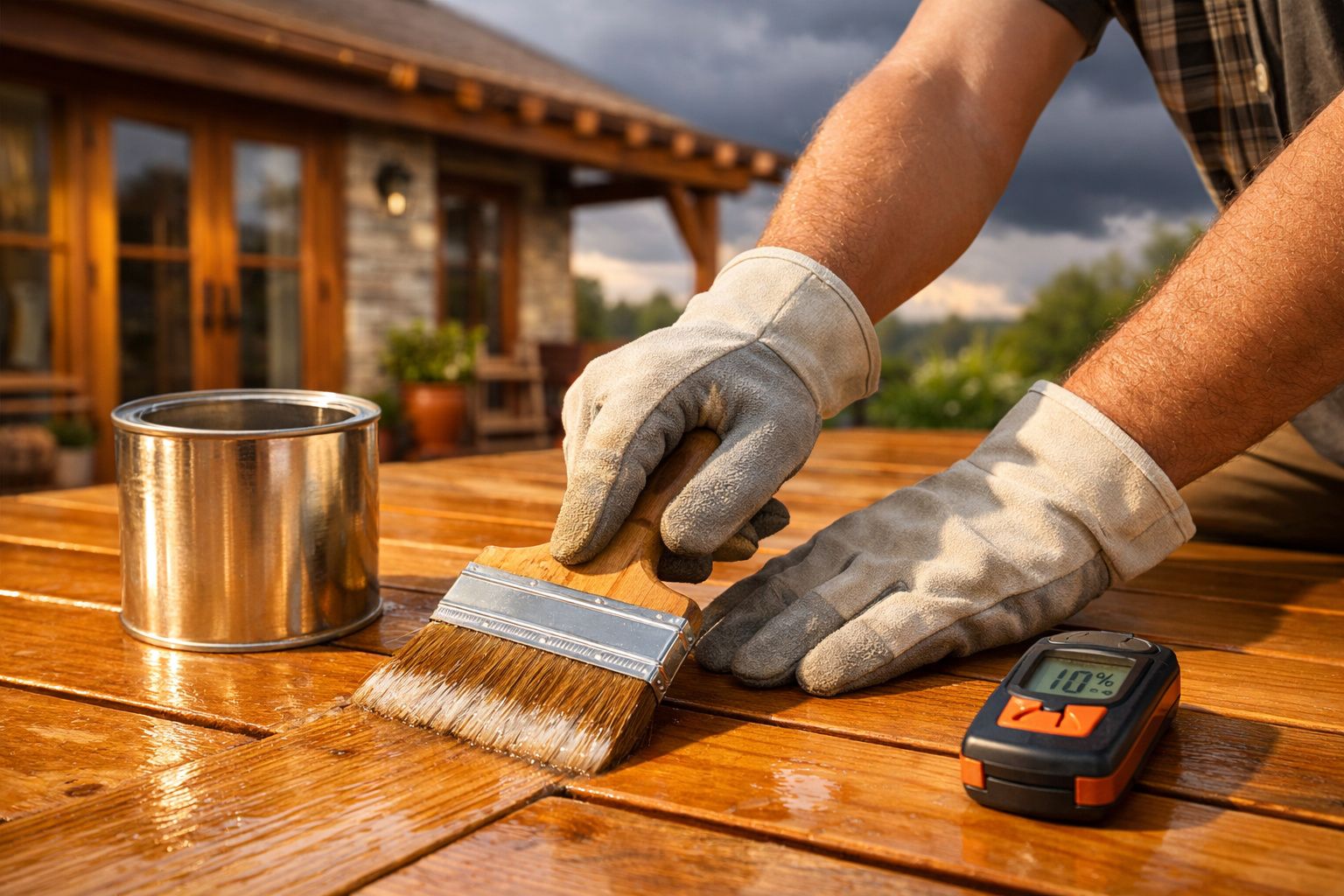 Pessoa a pintar madeira de exterior com pincel largo, luvas e um medidor de humidade ao lado.