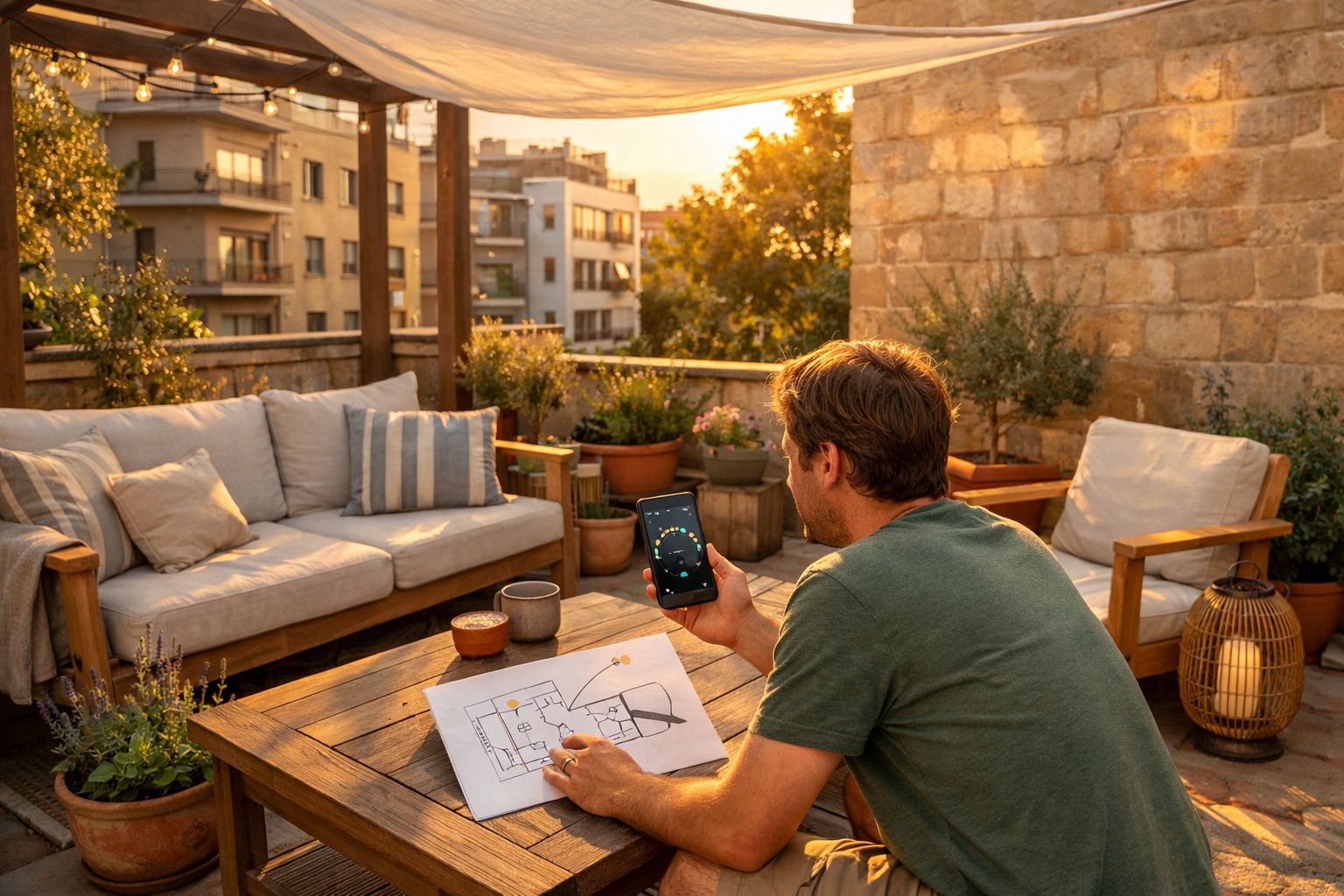 Homem sentado numa varanda ao pôr do sol, a analisar plantas e a usar um smartphone.