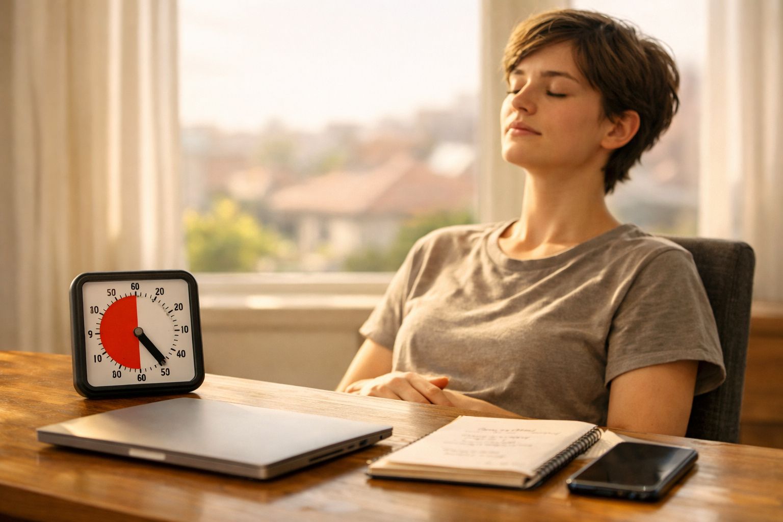 Mulher sentada de olhos fechados a relaxar junto a secretária com temporizador, portátil e caderno.