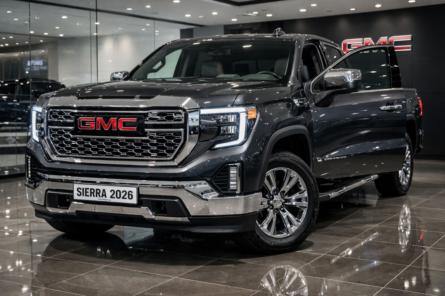 Pick-up preta GMC Sierra 2026 em exposição, com porta dianteira direita aberta, detalhes cromados e iluminação LED.