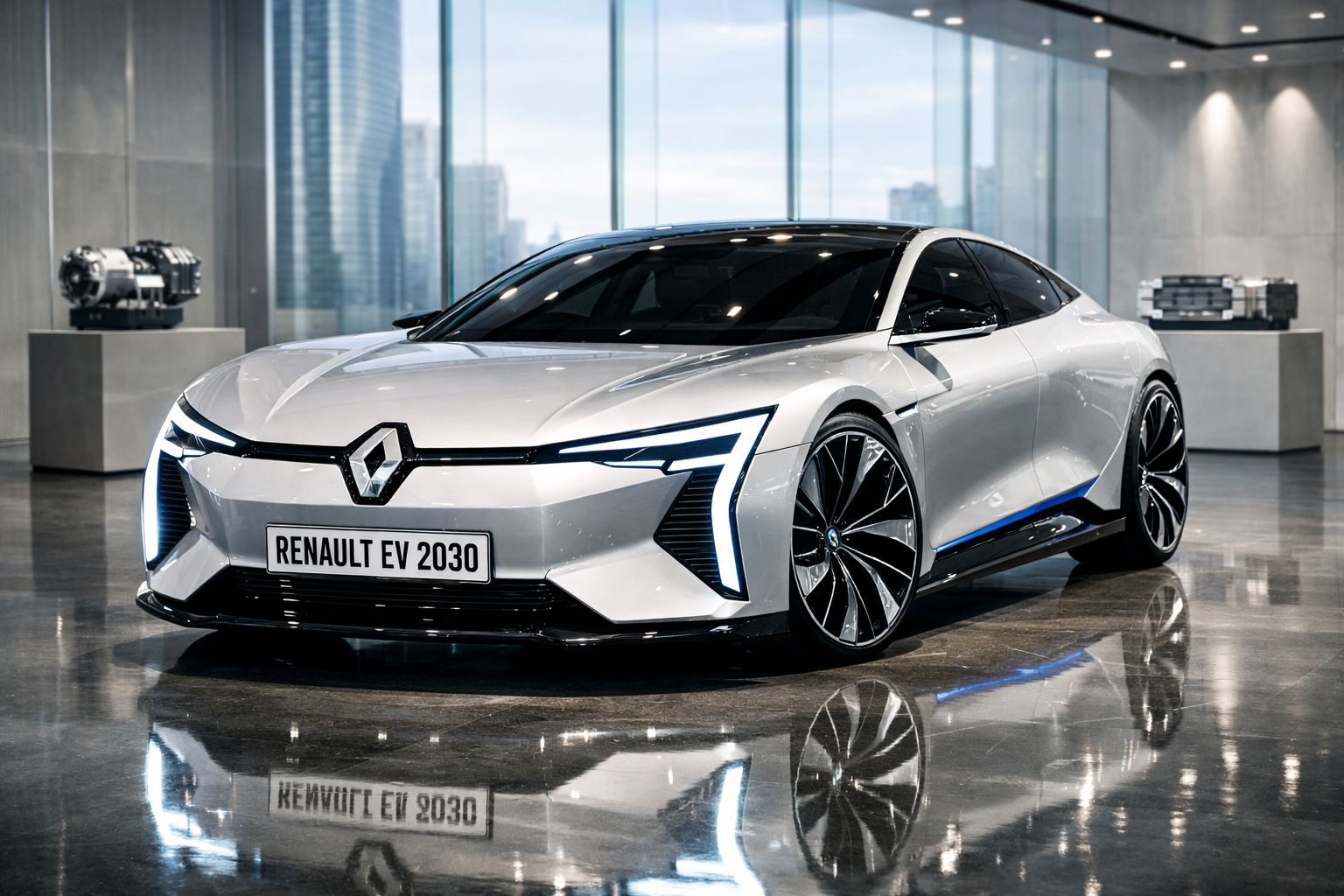 Carro elétrico conceito Renault EV 2030 prateado com design futurista em espaço interior moderno.