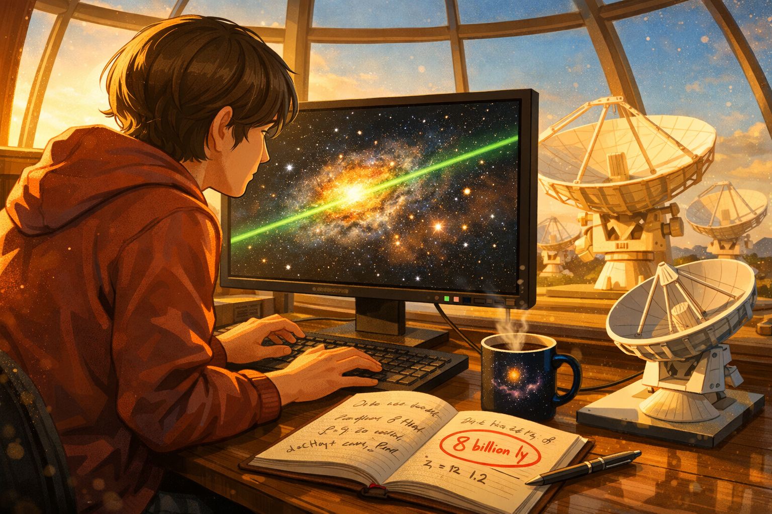 Jovem observa imagem espacial no computador, rodeado por telescópios de rádio e anotações científicas.