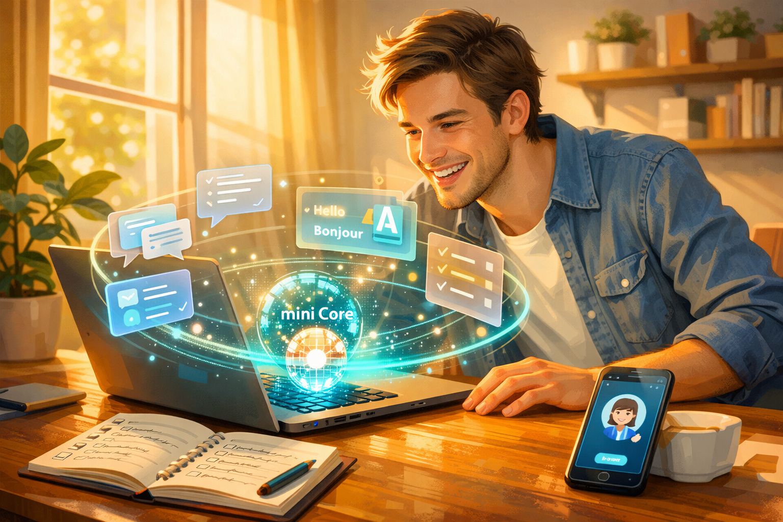 Jovem sorridente a usar portátil com hologramas de mensagens e traduções numa mesa com caderno e smartphone.