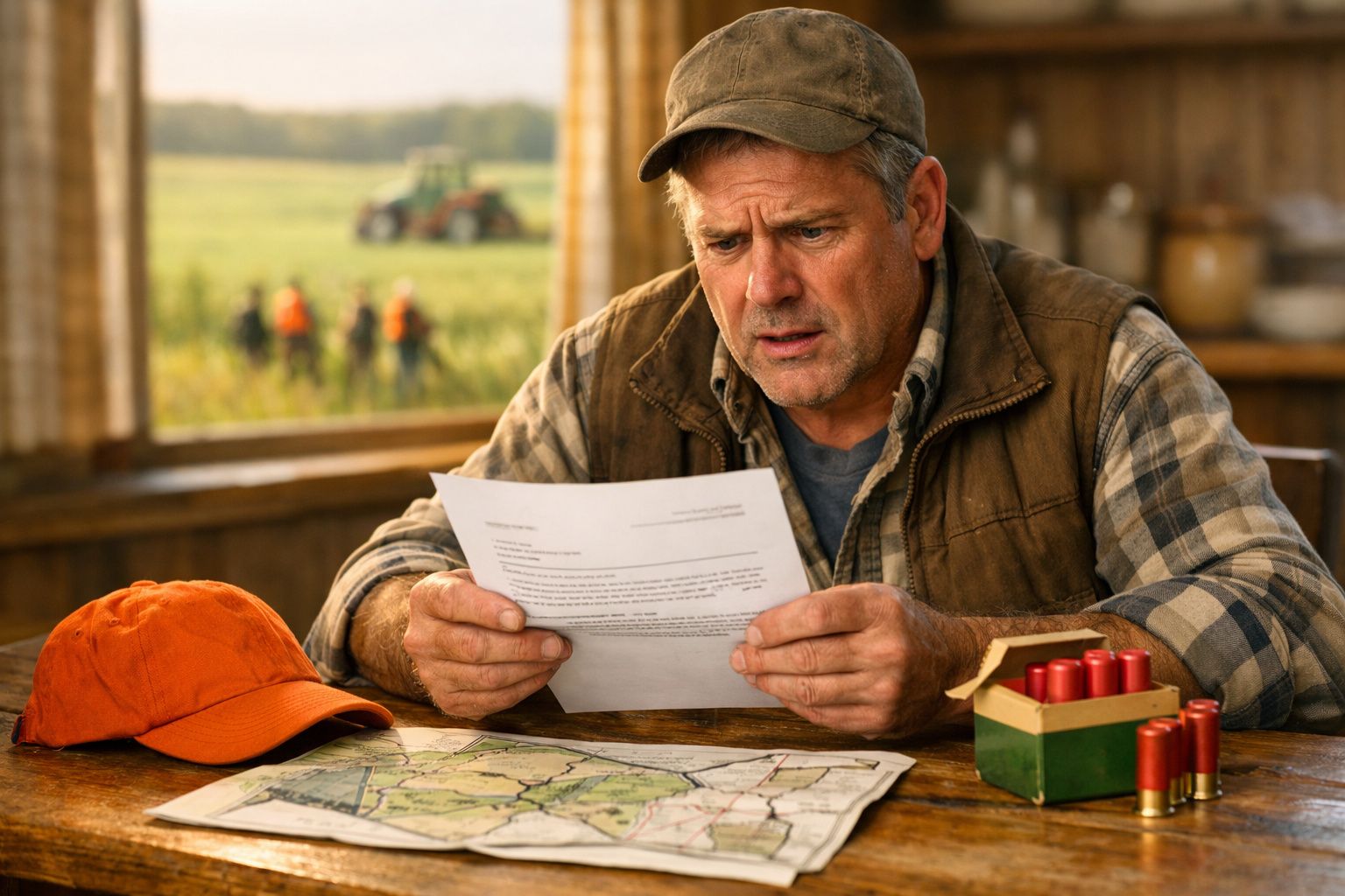 Homem preocupado lê carta sentado à mesa com mapa, caçadeira e cartuchos vermelhos numa cabana rústica.