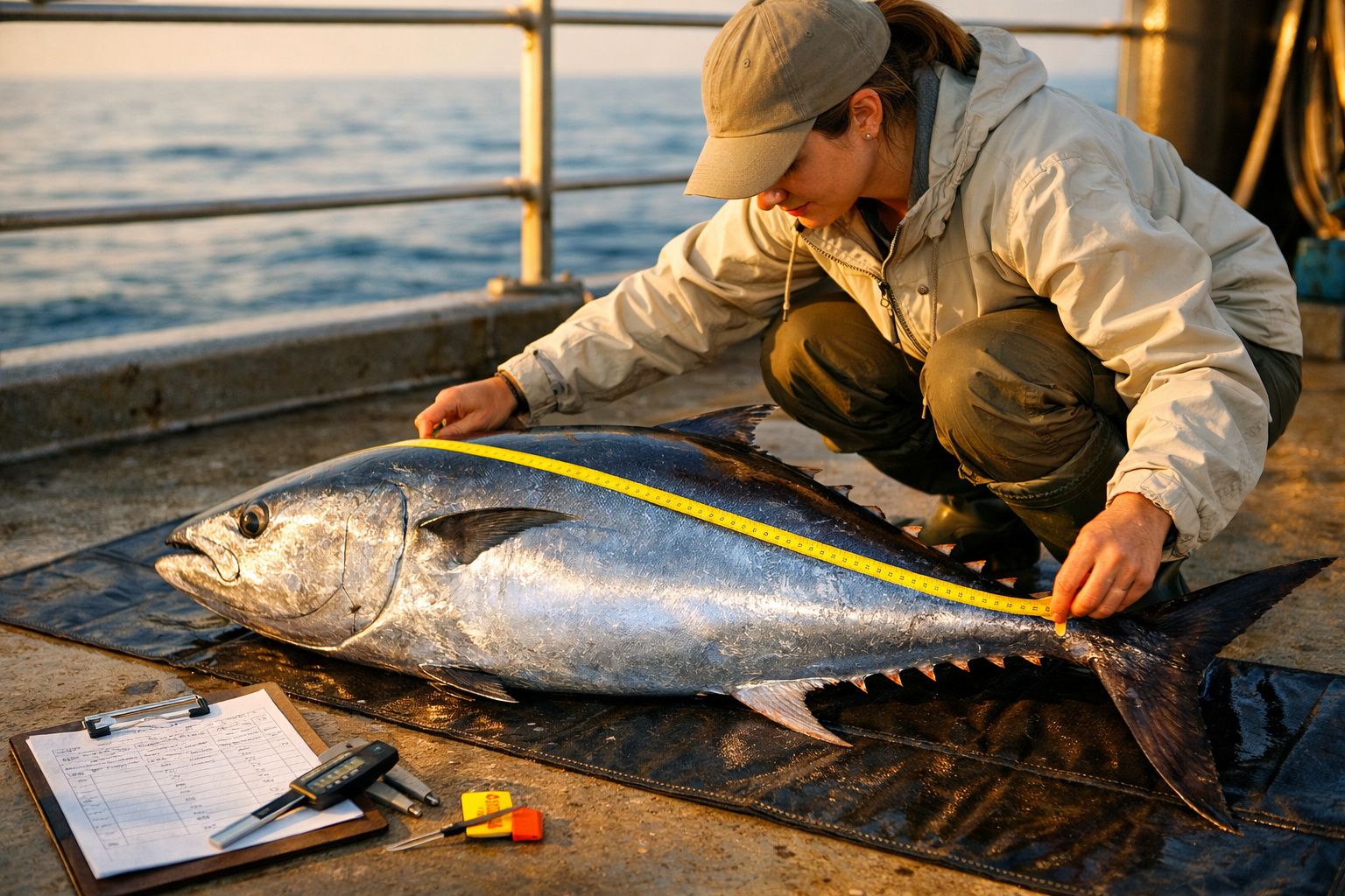 Pessoa a medir com fita métrica um atum grande junto ao mar num barco.
