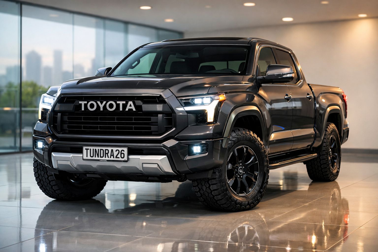Pickup preta Toyota Tundra num salão com chão refletor e janelas grandes ao fundo.