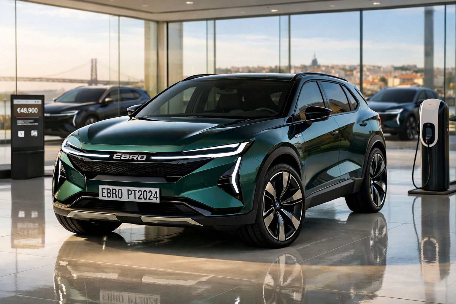 Carro elétrico SUV modelo EBRO verde escuro em showroom moderno com estação de carregamento e vista urbana ao fundo.