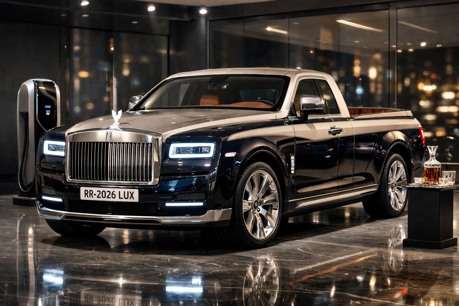 Pick-up de luxo Rolls-Royce preta estacionada em interior com carregador elétrico e mesa com bebidas.