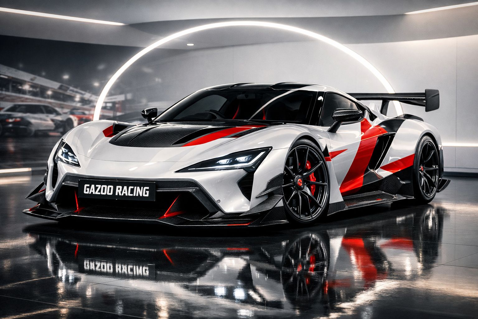 Carro desportivo branco e preto com detalhes vermelhos, com logo Gazoo Racing, em ambiente futurista iluminado.