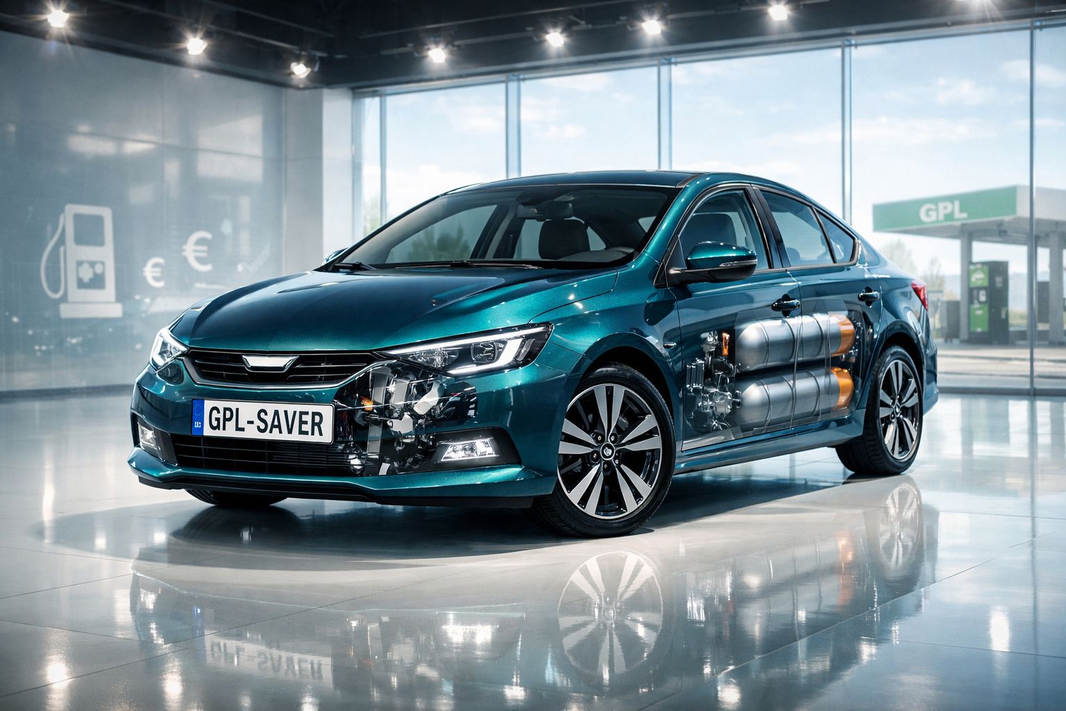 Carro sedan azul com ilustração dos tanques de GPL visível na parte lateral direita.