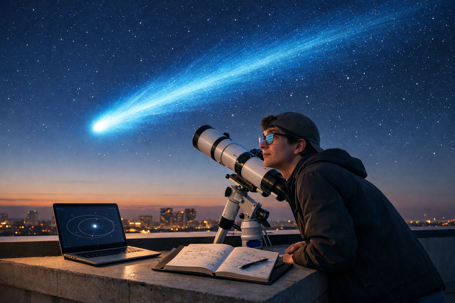 Jovem observa com telescópio e computador um cometa brilhante no céu noturno estrelado sobre cidade.