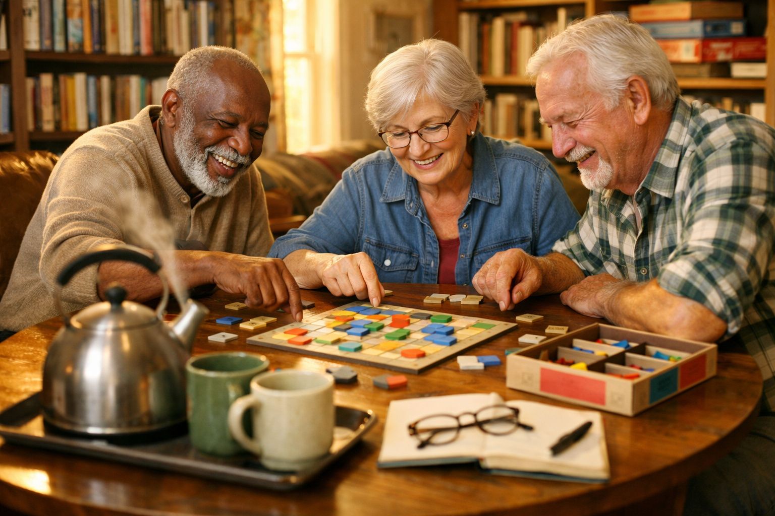 Três idosos jogam um jogo de tabuleiro, sorrindo, numa sala acolhedora com chá quente à mesa.