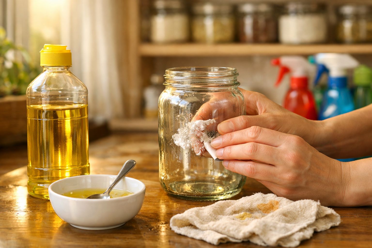 Mãos limpando um frasco de vidro com bicarbonato e utensílios de cozinha numa mesa de madeira.