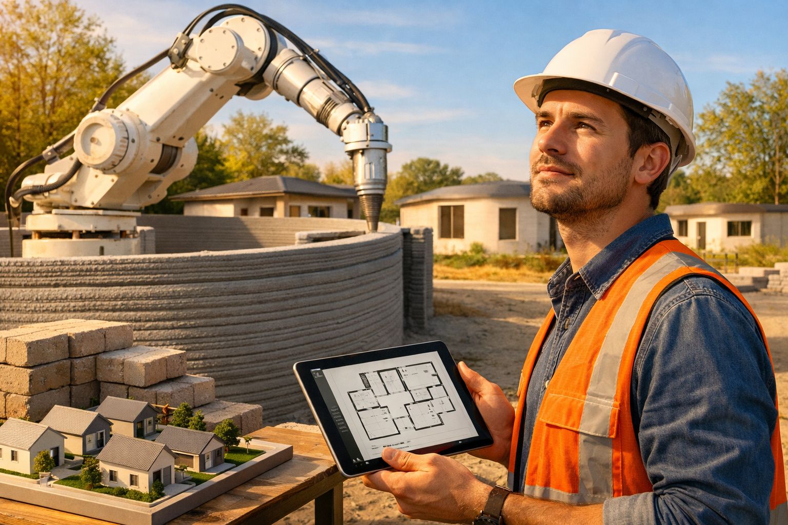Engenheiro com capacete e colete verifica planta digital enquanto robô imprime 3D parede de construção.