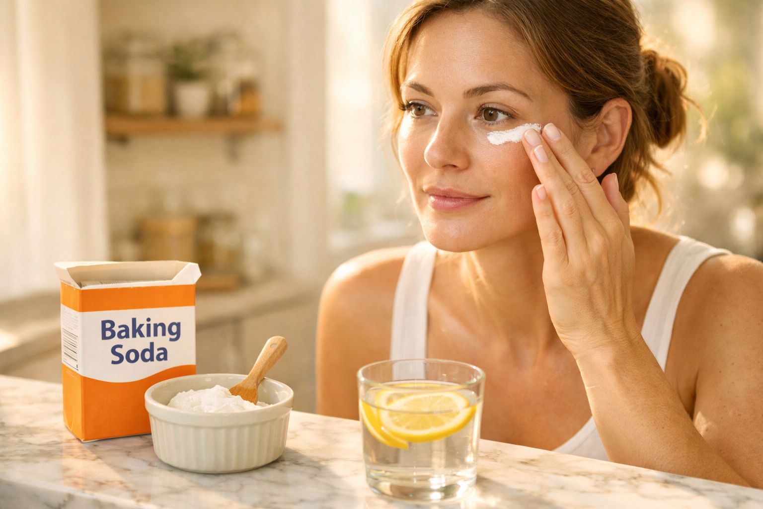 Mulher a aplicar creme no rosto com bicarbonato de sódio e copo de água com limão na mesa.