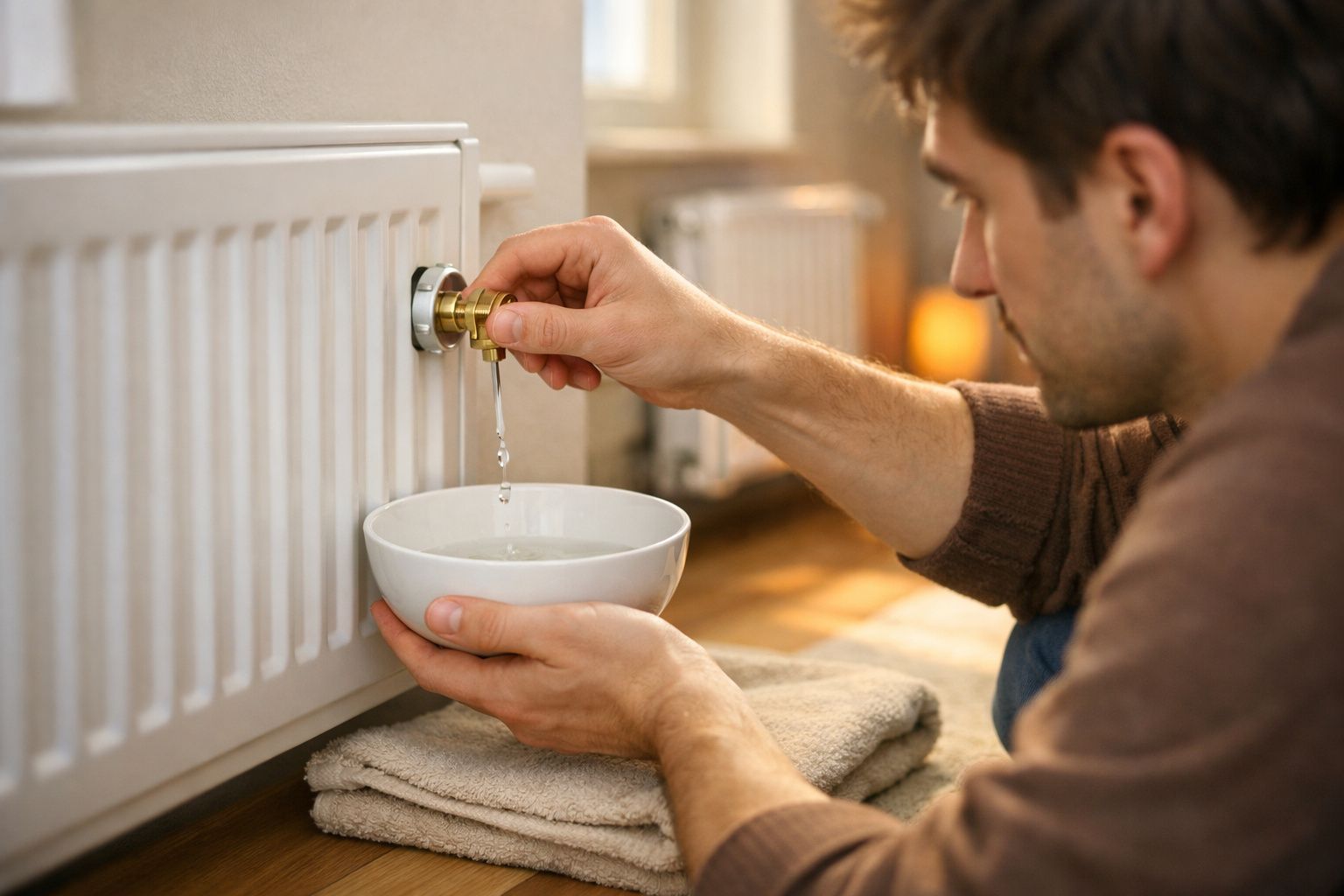 Homem a retirar ar de um radiador para melhorar a eficiência da calefação em casa.