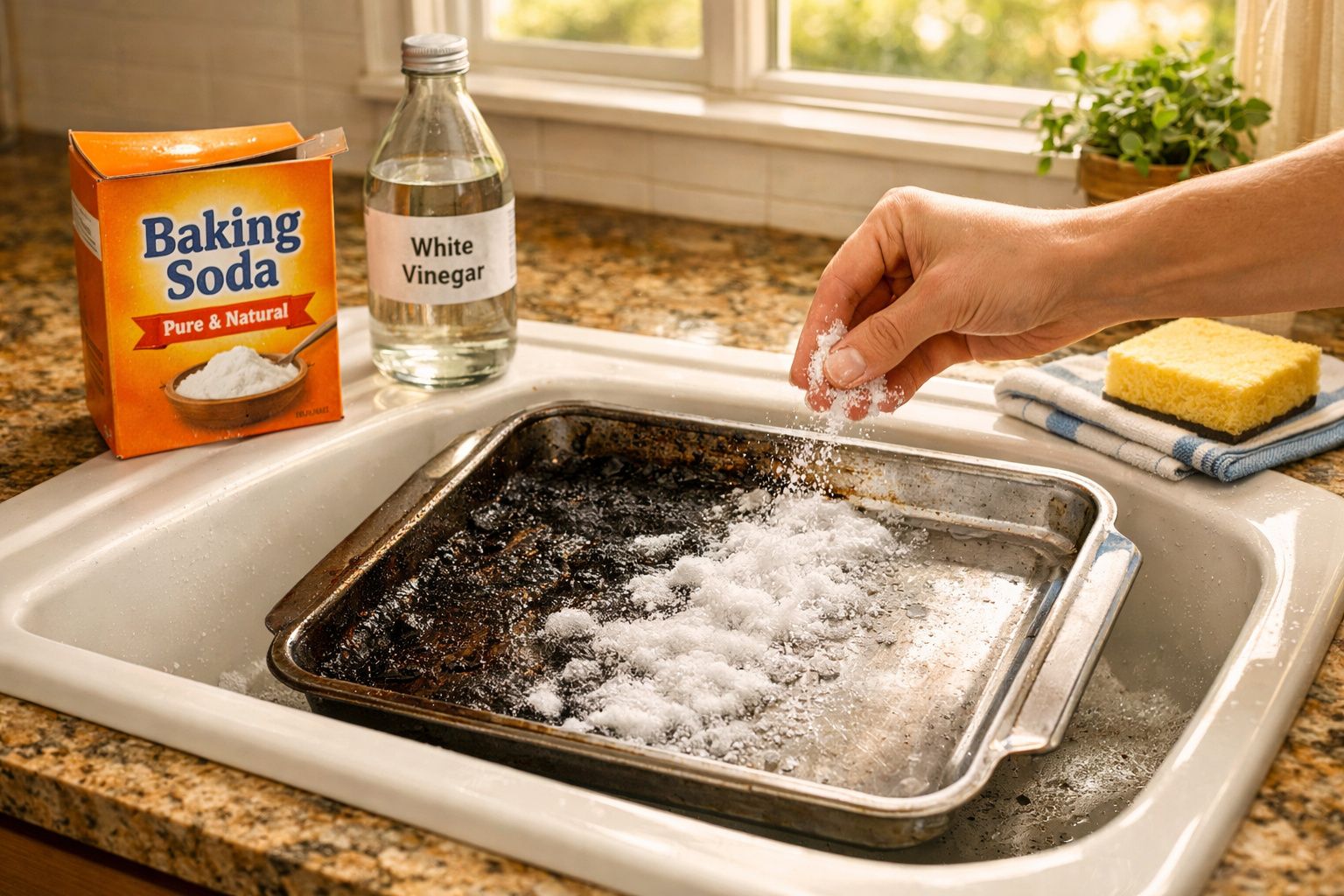 Mão a polvilhar bicarbonato numa assadeira que está dentro de uma pia, com vinagre e esponja ao lado.