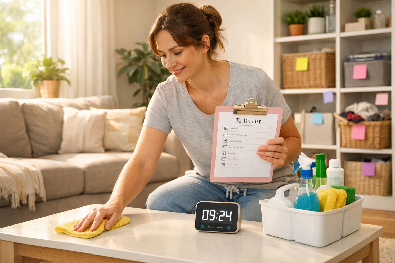 Mulher a sorrir a limpar uma mesa com um pano, segurando uma lista de tarefas, perto de um relógio digital.