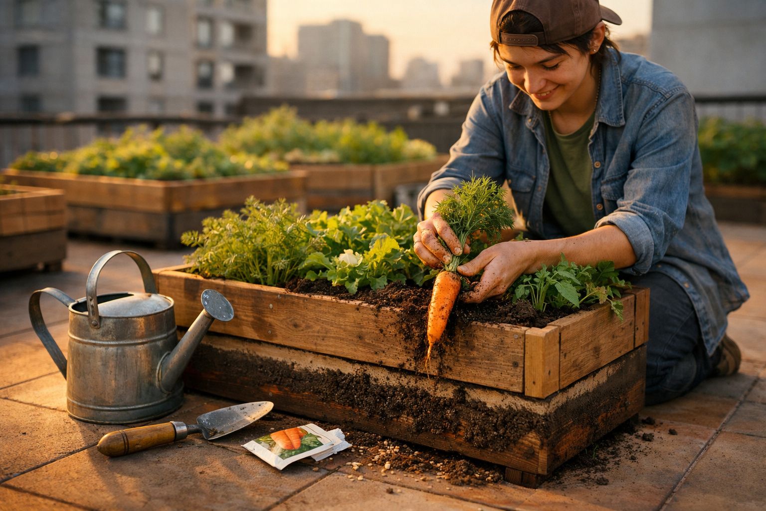 Pessoa a colher cenoura numa horta urbana, com regador e enxada ao lado, ao pôr do sol.