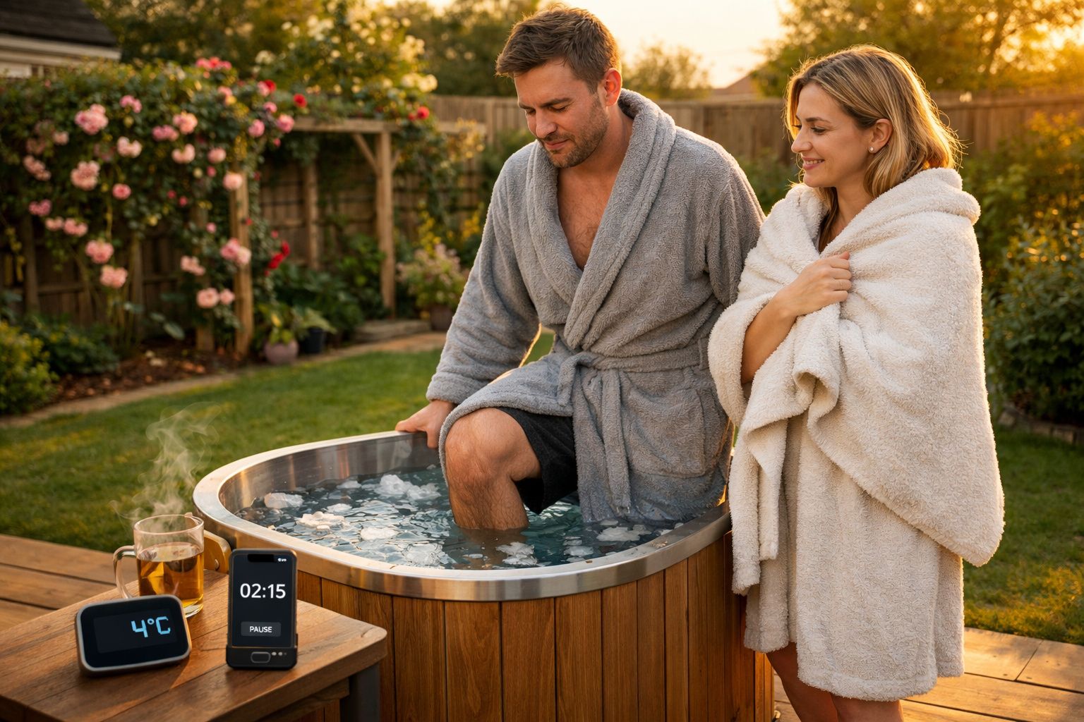 Casal em robes aproveita banho de gelo num tanque ao ar livre num jardim ao entardecer.