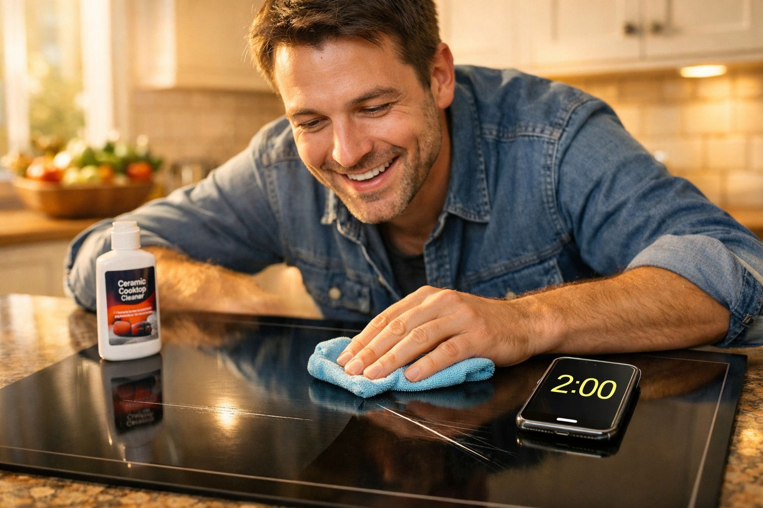 Homem a limpar placa de fogão com produto específico e pano azul numa cozinha moderna.