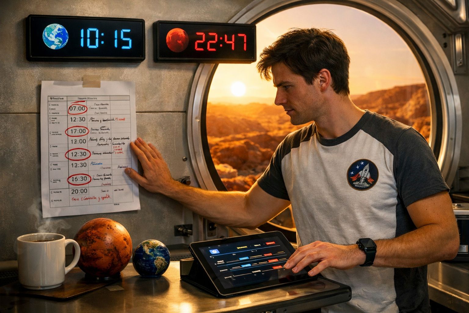 Homem numa estação espacial verifica horários em papel com vista para paisagem marciana ao pôr do sol.