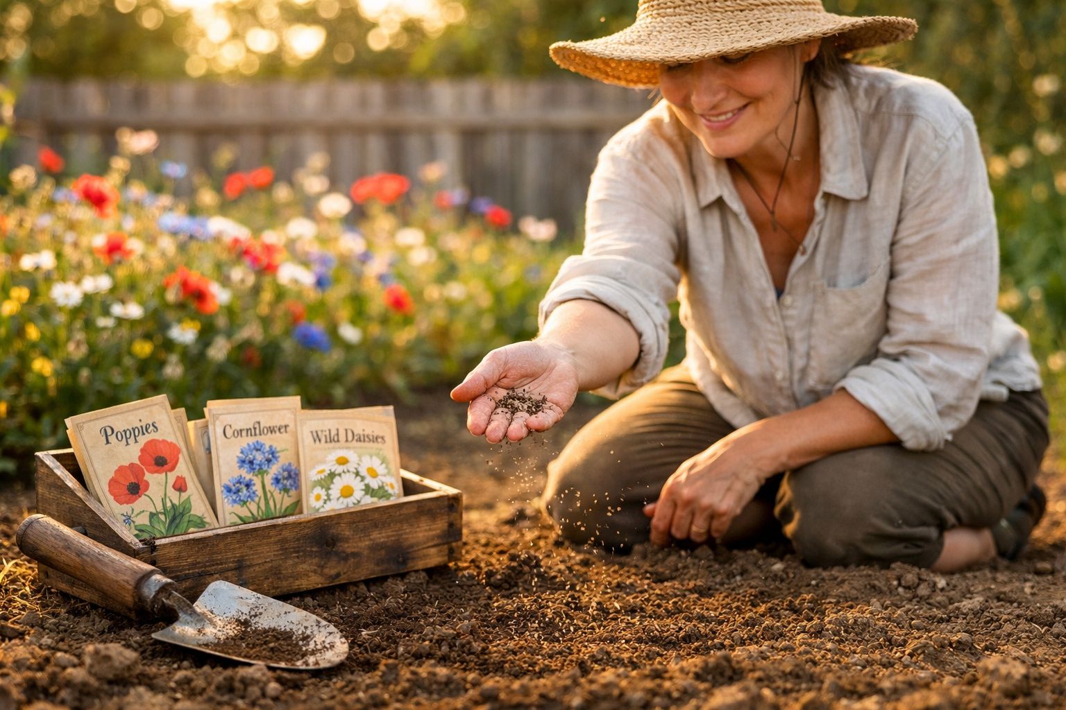 Mulher a plantar sementes num jardim com pacotes de sementes e ferramenta ao lado.
