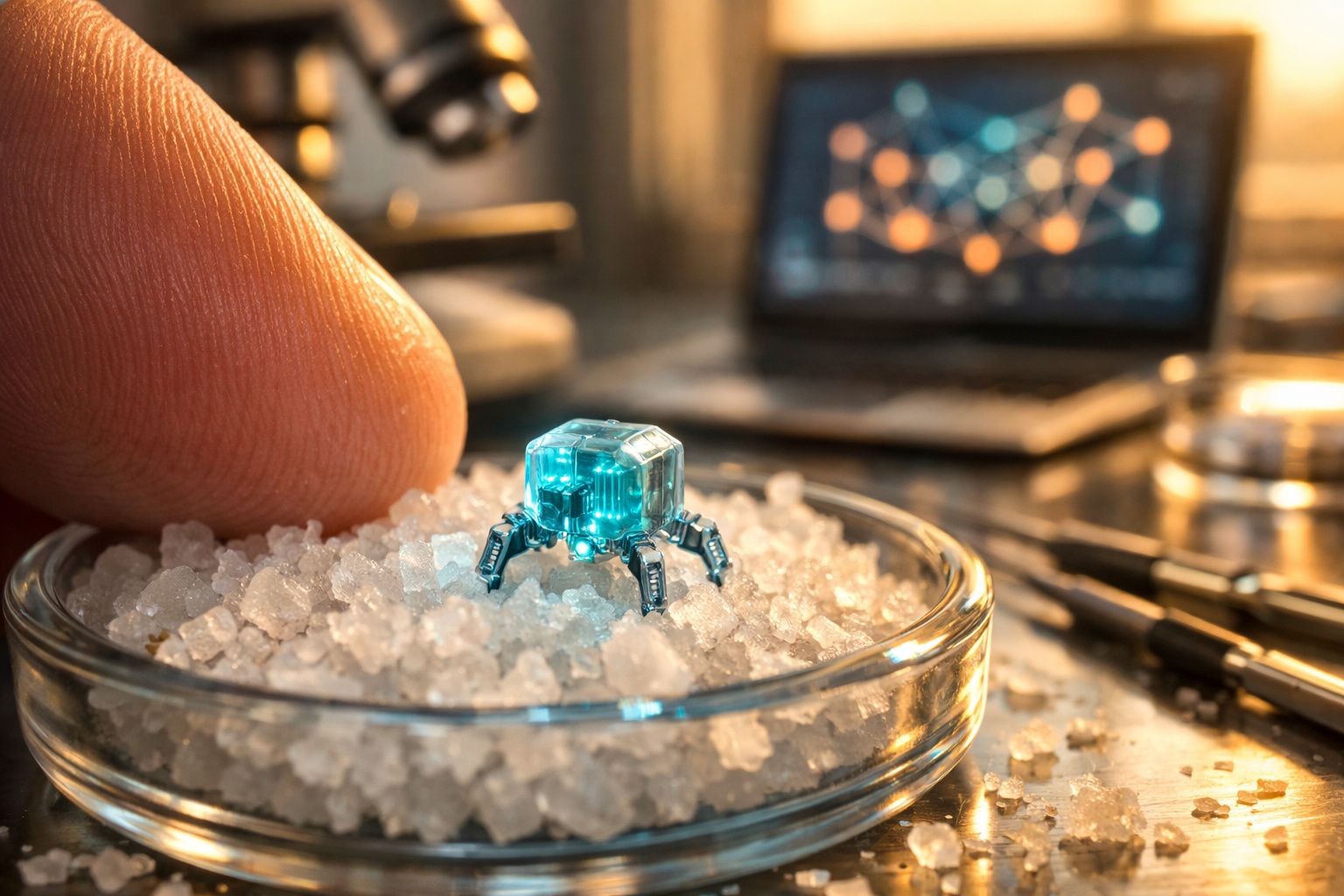 Microrrobô azul sobre cristais num recipiente, lado a lado com ponta de dedo e fundo de computador e utensílios.