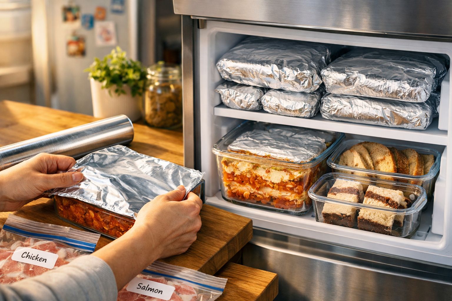 Mãos a embrulhar comida em tabuleiro com papel de alumínio junto a congelador cheio de refeições embaladas.