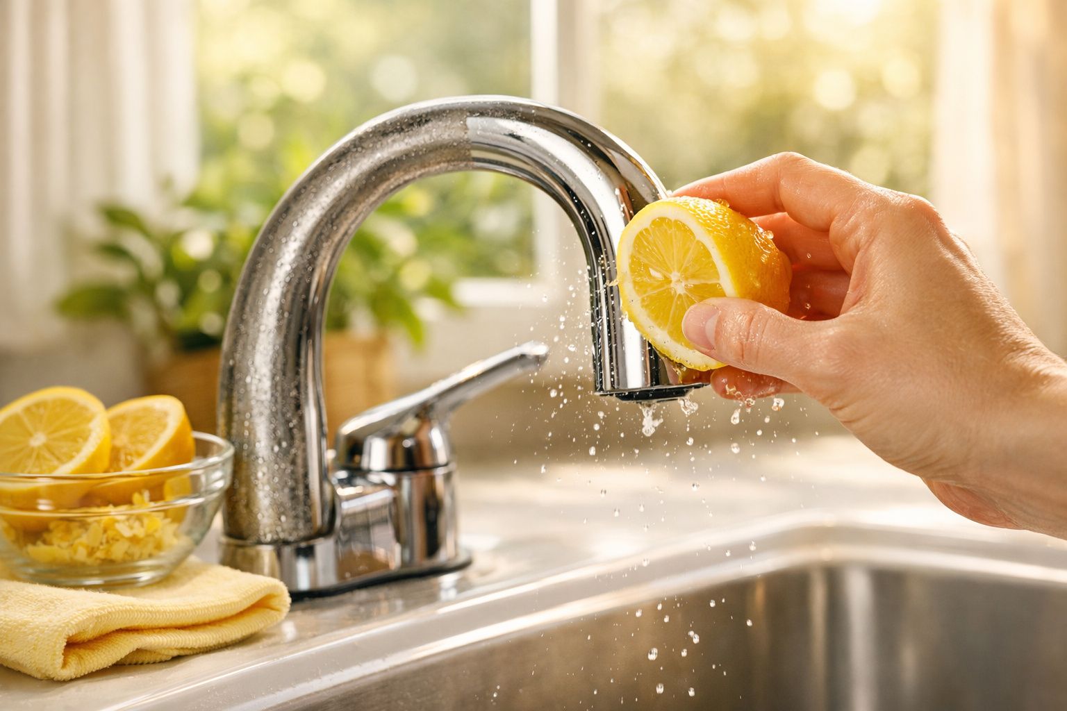 Mão a espremer um limão sob uma torneira na cozinha com gotas de água a cair no lava-loiça.