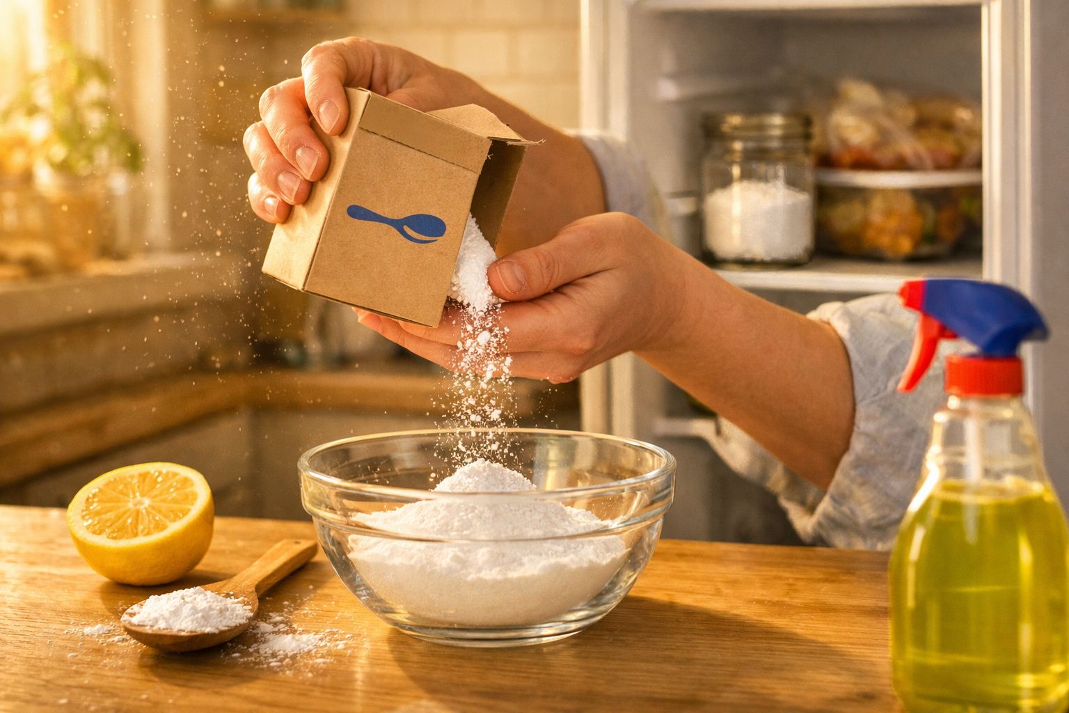 Pessoa a despejar bicarbonato de sódio numa taça de vidro na cozinha, com limão cortado e spray de limpeza visíveis.