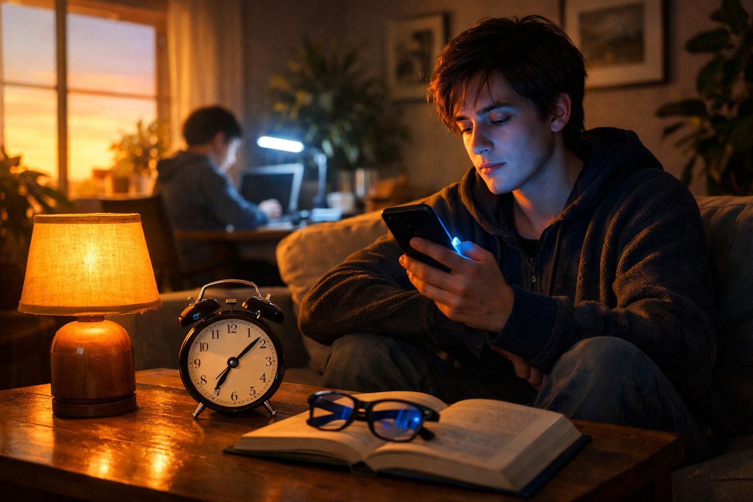 Jovem sentado no sofá a usar telemóvel, com mesa iluminada, relógio, livros e alguém a trabalhar ao fundo.