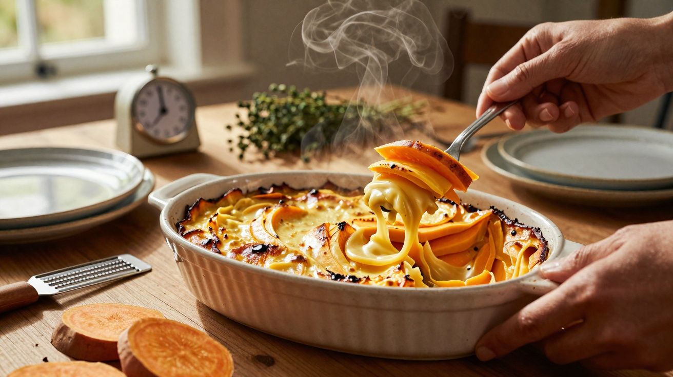 Prato oval com gratinado de batata doce e queijo, em cima de mesa de madeira com faca e pratos ao fundo.