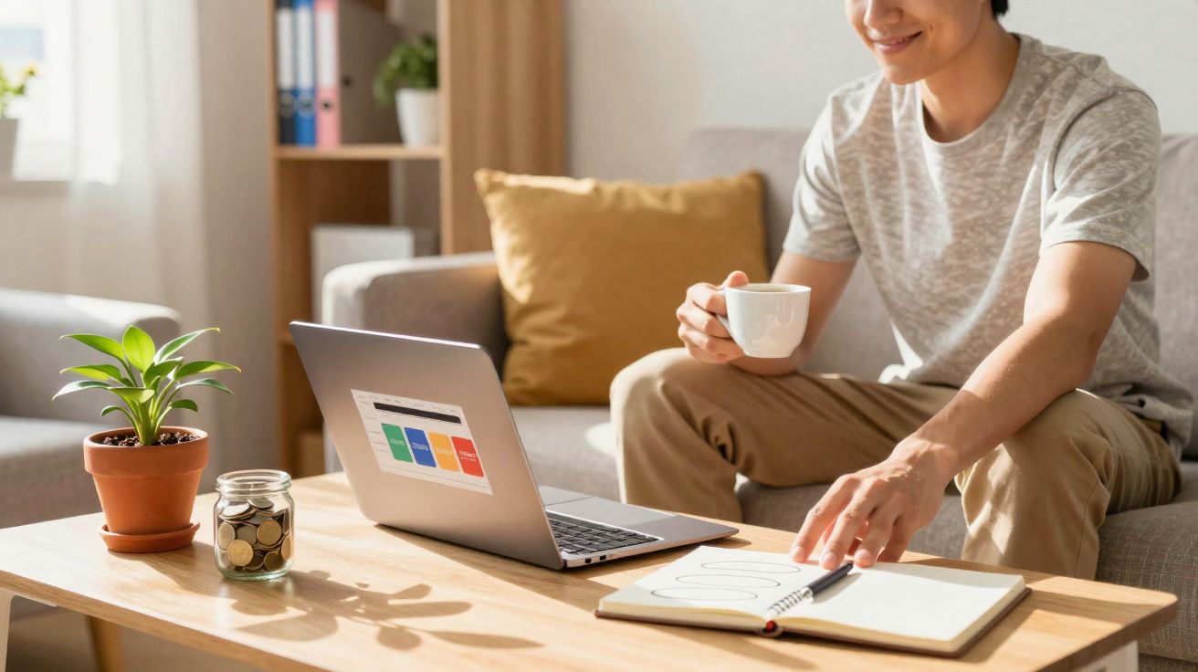 Homem a trabalhar em casa, sentado no sofá, com portátil, caderno e beber café na mão.