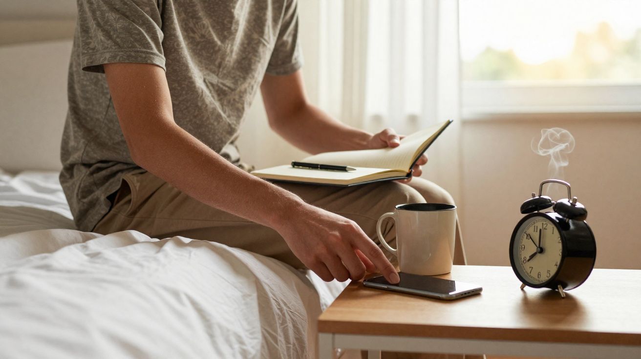Pessoa sentada na cama a usar telemóvel, com caderno, caneca e despertador a fumegar numa mesa ao lado.