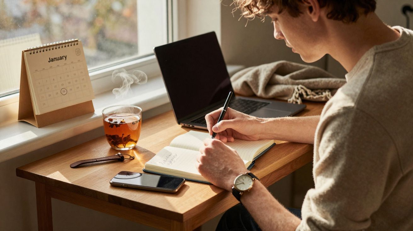 Pessoa a escrever num caderno numa mesa com chá quente, calendário de janeiro, telemóvel e computador portátil.