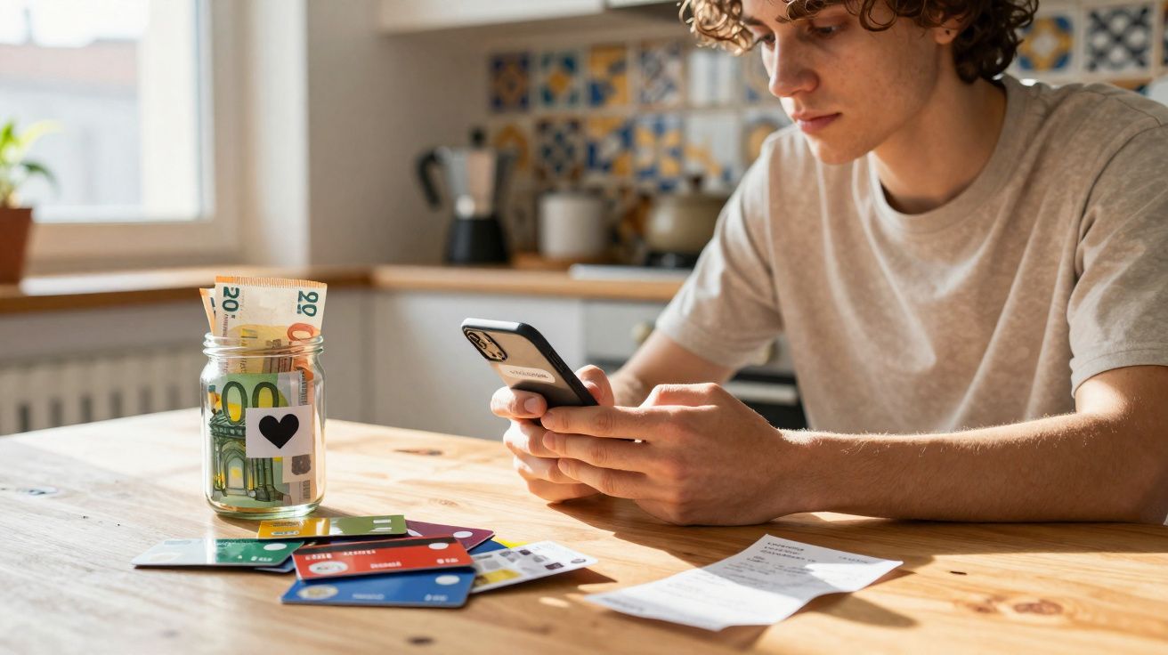 Jovem sentado à mesa com telemóvel, várias cartões de crédito, recibo e frasco com dinheiro em notas euro.