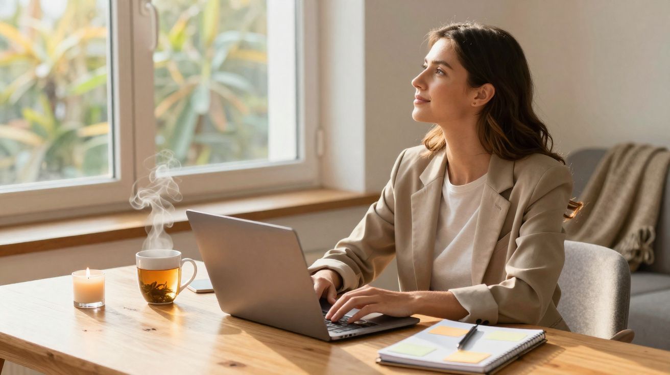 Mulher sentada junto à janela, a trabalhar no portátil, com chá quente e vela acesa na mesa de madeira.