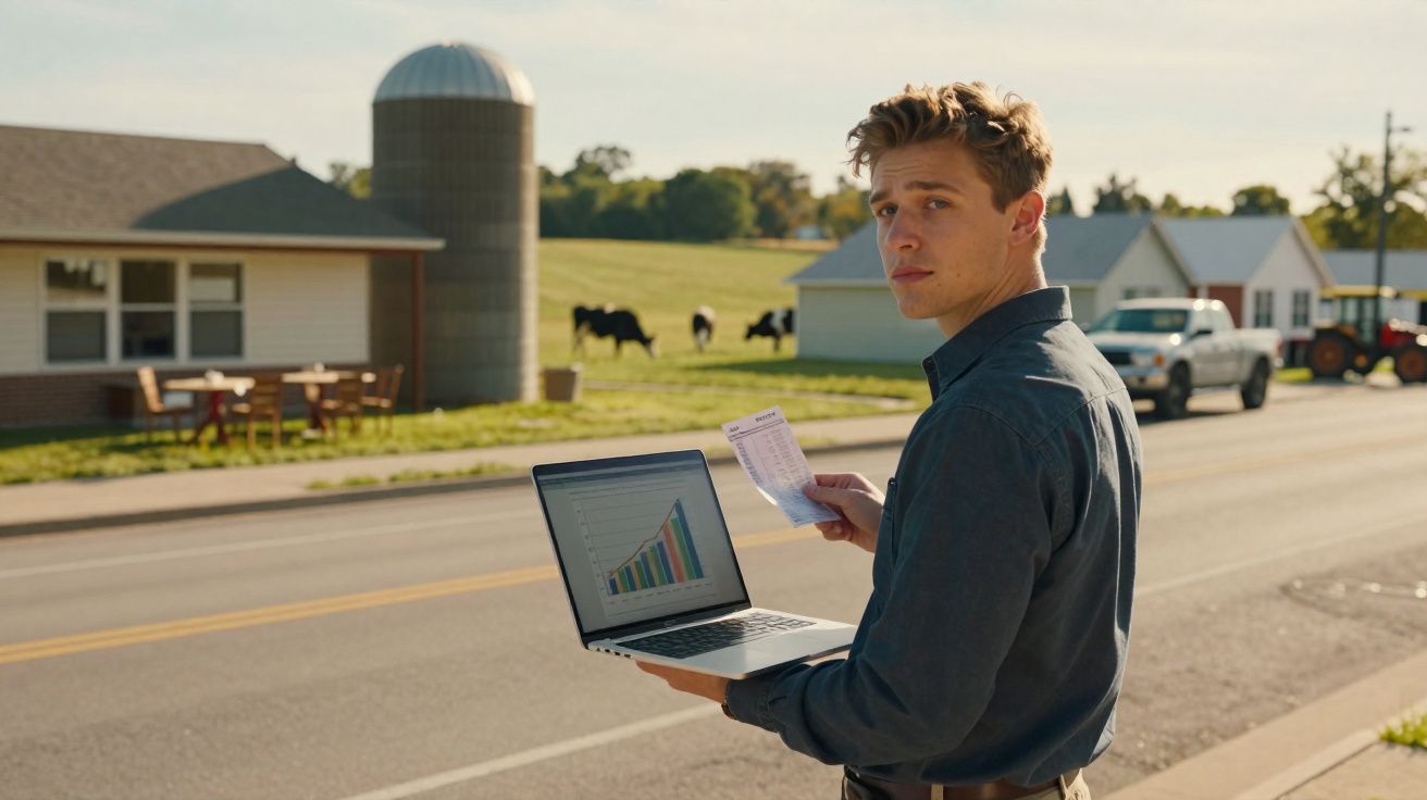 Homem com computador portátil e folha com gráficos junto à estrada em zona rural com vacas e edifícios agrícolas.