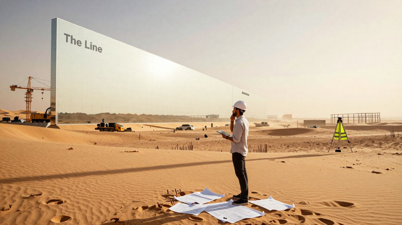 Engenheiro de capacete observa planta numa obra desértica com edifício espelhado ao fundo.
