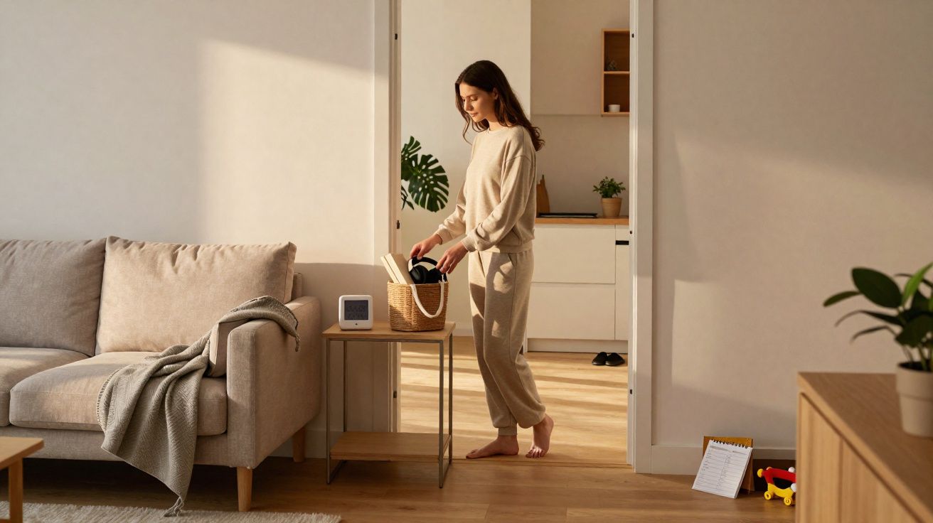 Mulher de pijama a arrumar uma cesta numa sala de estar luminosa com sofá bege e plantas.