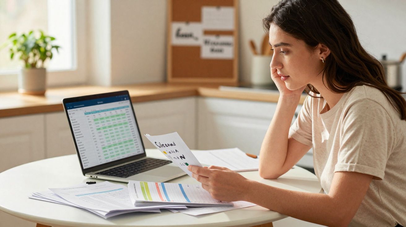 Mulher jovem sentada numa mesa a analisar documentos e um portátil com folhas e gráficos à sua frente.