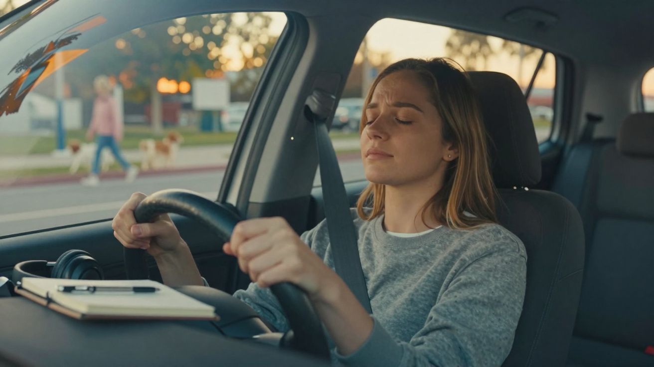 Mulher sentada ao volante de carro, olhos fechados e expressão de cansaço, com cinto de segurança posto.