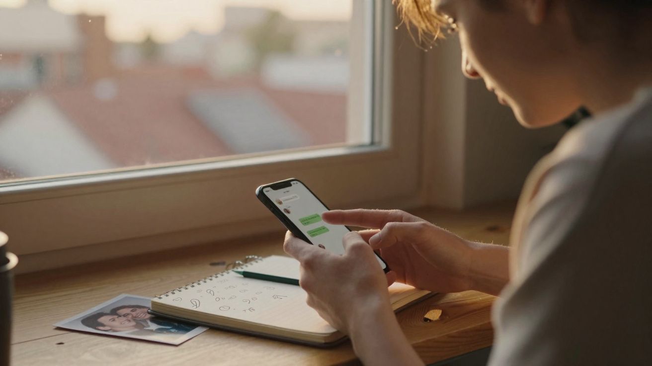 Pessoa a enviar mensagens num telemóvel junto a uma janela, com caderno e fotografia sobre a secretária de madeira.